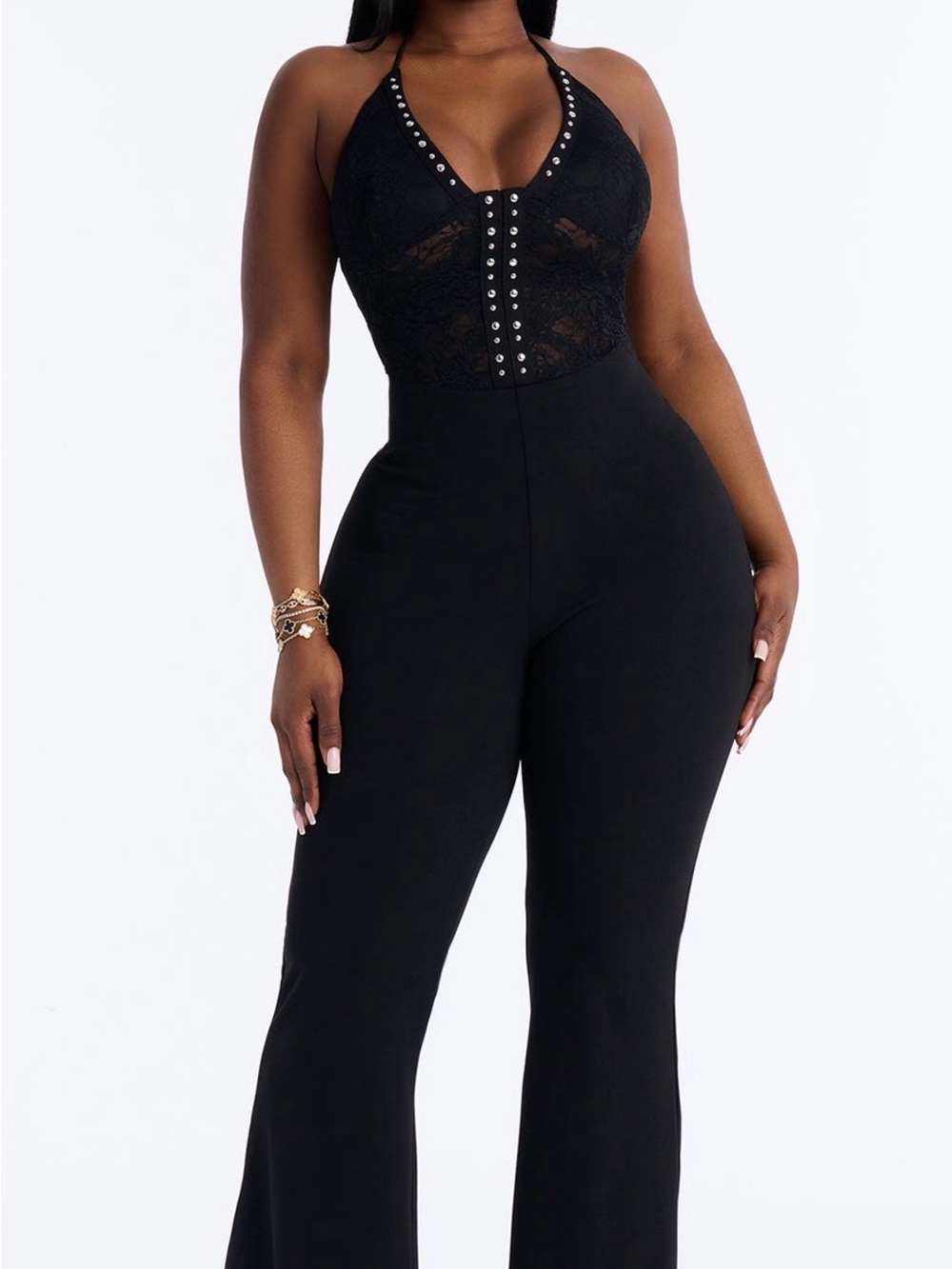 Black Lace Halter Jumpsuit with Stud Detail